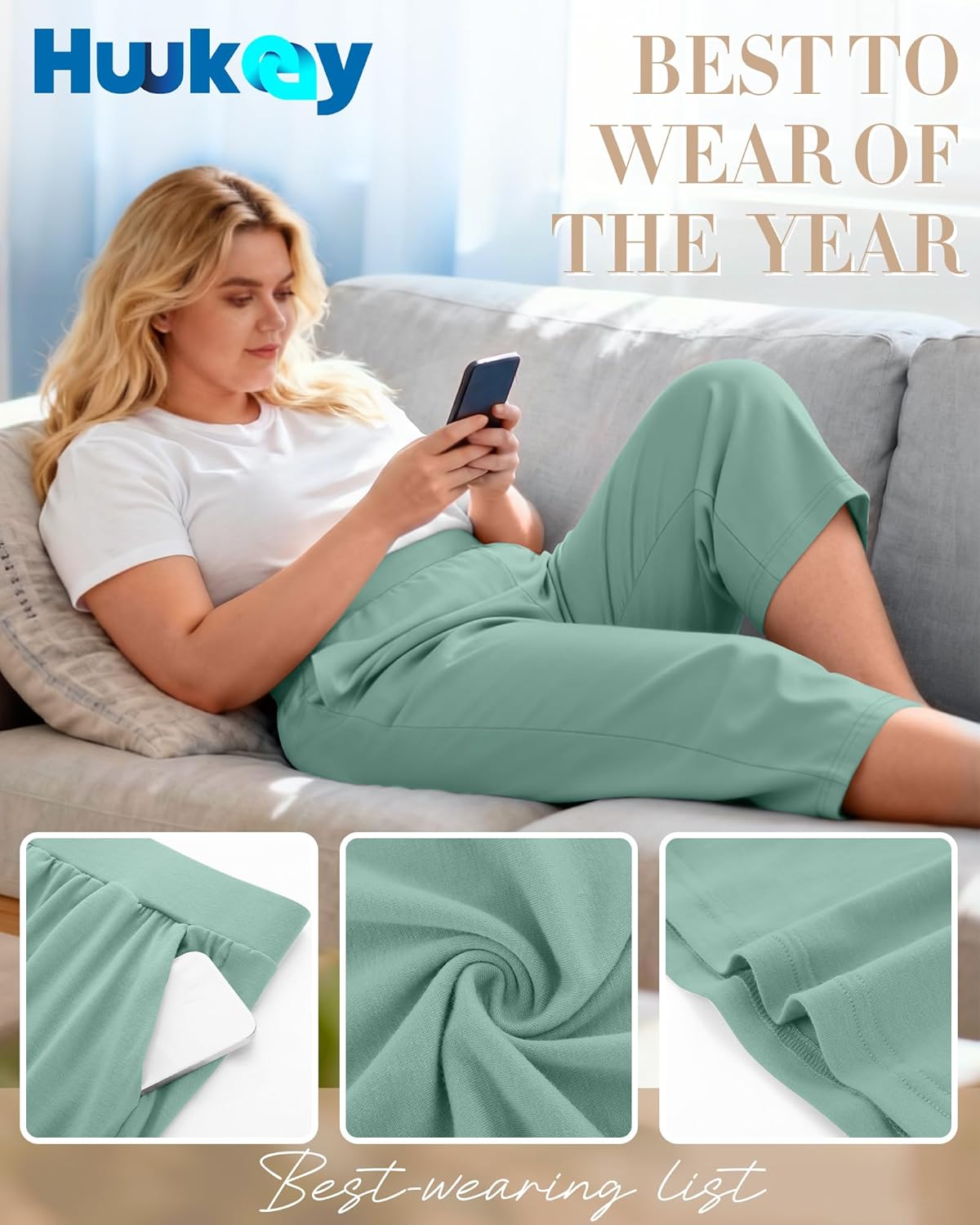 Huukeay 3 Pack Women's Plus Size Capri Pants Loose Fit Wide Leg Capris Sweatpants Summer High Waisted Yoga Pants with Pockets - Image 4