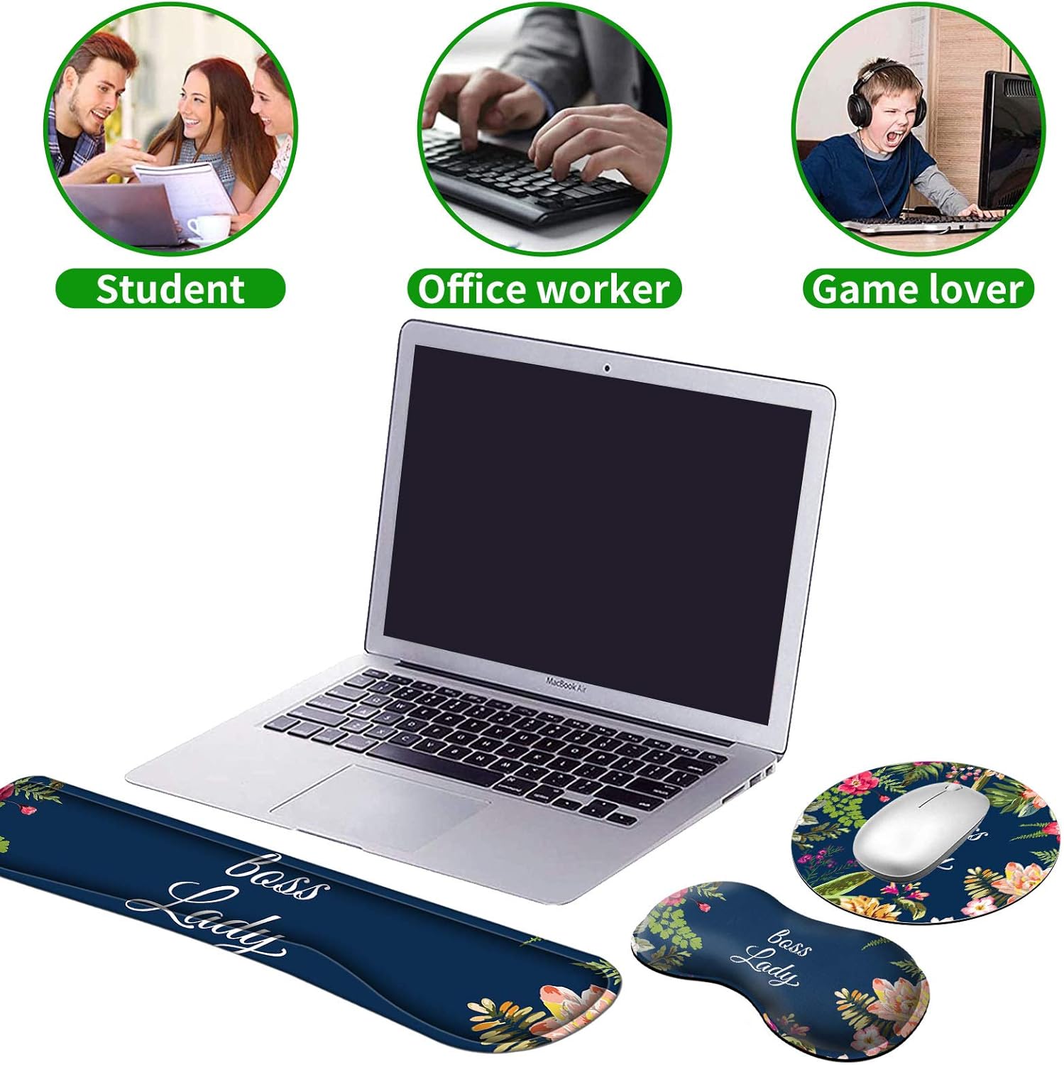 Ergonomic Keyboard Wrist Rests Gel Memory Foam Mouse Pad with Round Mousepad + Coasters, Wrist Support Set with Non Slip Base for Gaming Office Laptop Easy Typing & Pain Relief, Floral Boss Lady
