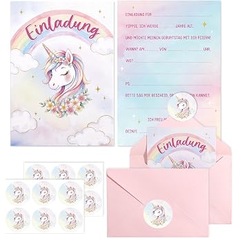 12 Unicorn Invitation Cards for Children's Birthday Parties + 12 Envelopes