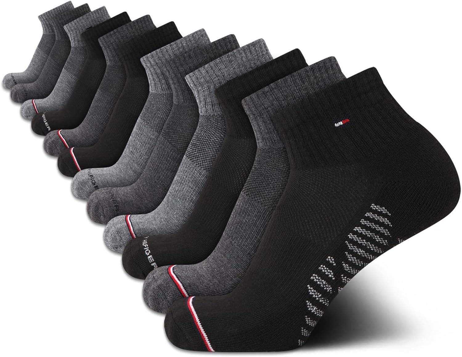 Tommy Hilfiger Mens Quarter Socks - 12 Pack Cotton Blend Athletic Performance Cushioned Ankle Socks for Men with Arch Support