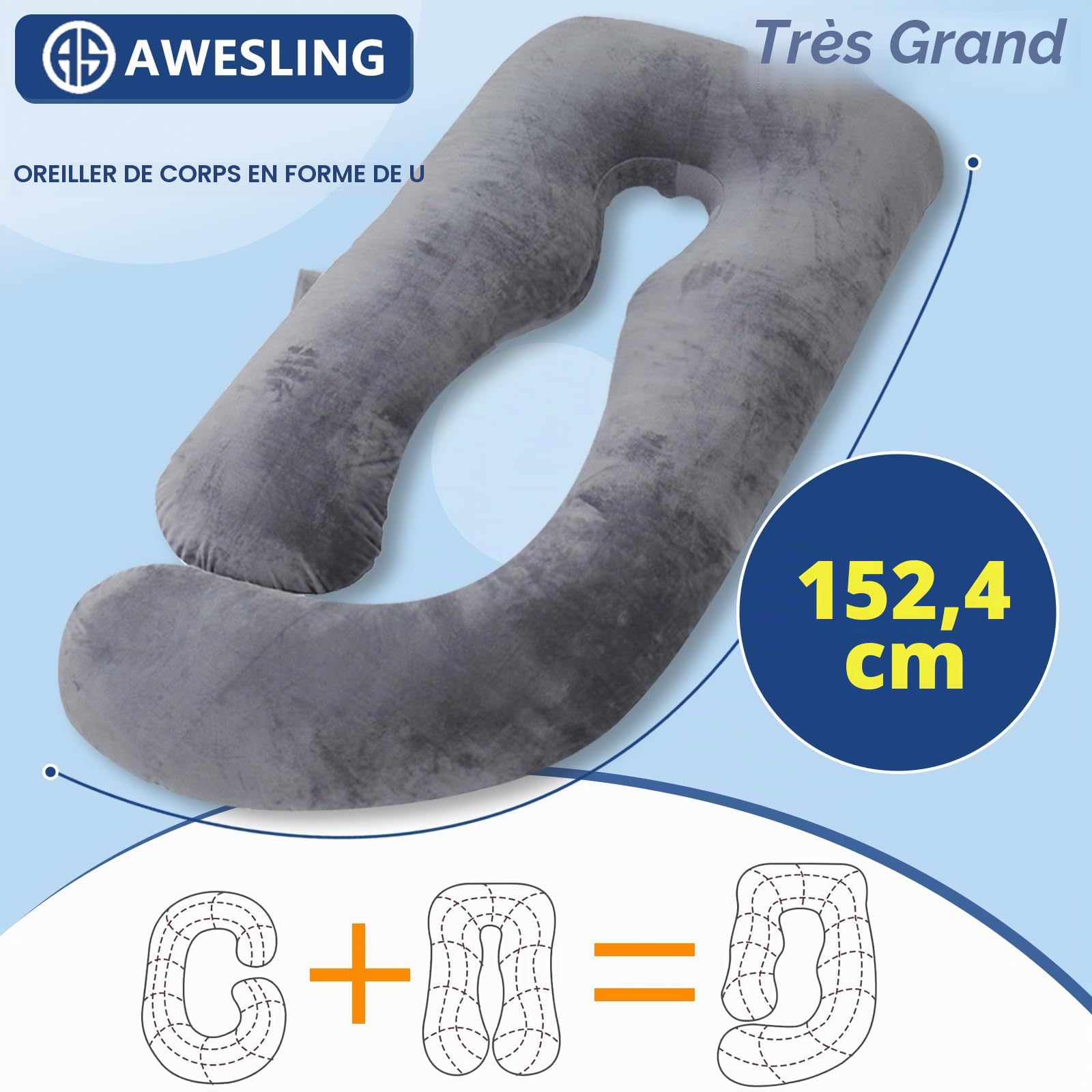 Oreiller de grossesse déchiqueté en mousse à mémoire de forme, coussin de grossesse en forme de U pour dormir, oreiller de maternité pour femme enceinte avec housse en velours