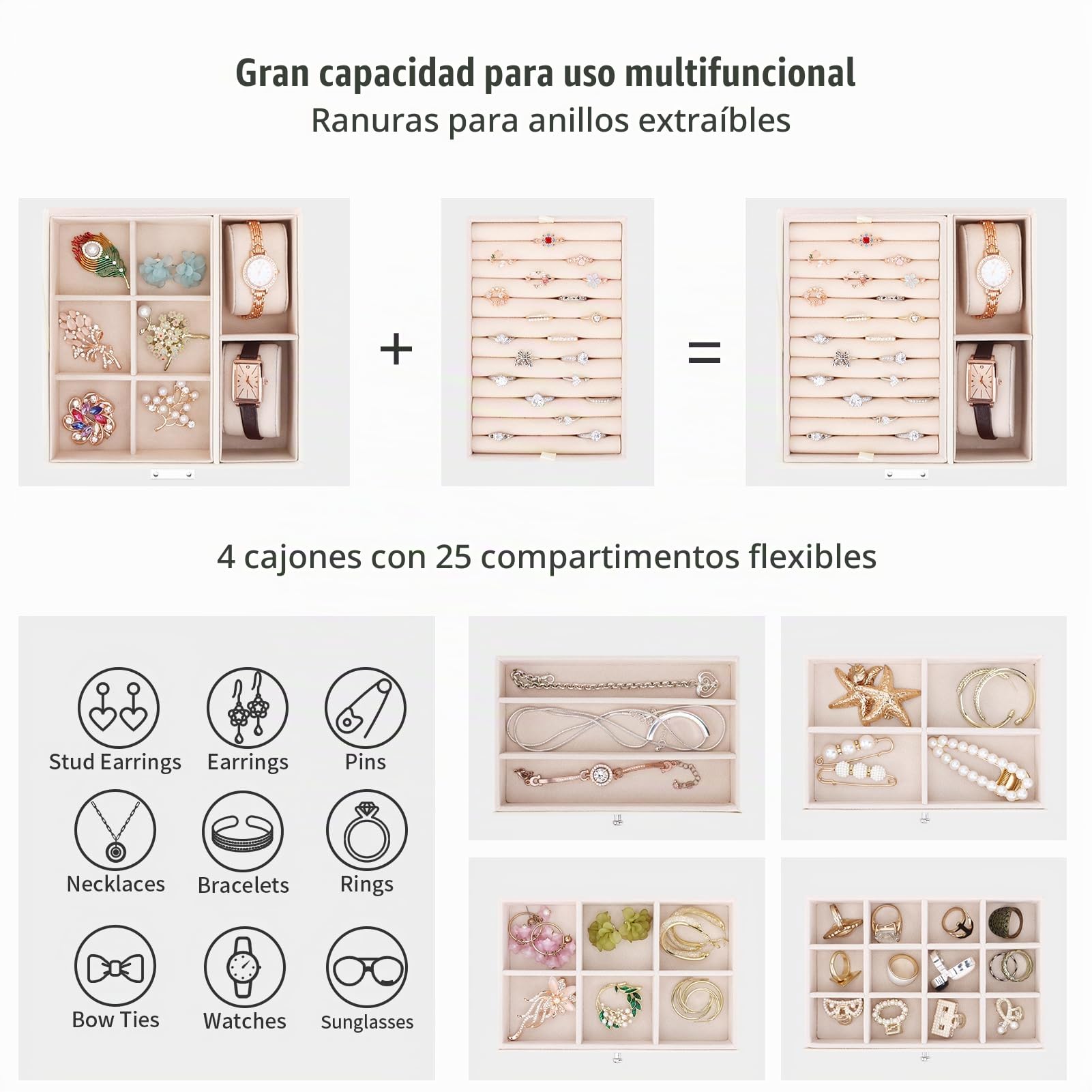 Caja Joyero con 5 Niveles de PU, Estuche para Joyería con 6 Cajones, Caja Organizador de Joyas con cajones laterales para collares, pendientes, anillos, relojes, Beige