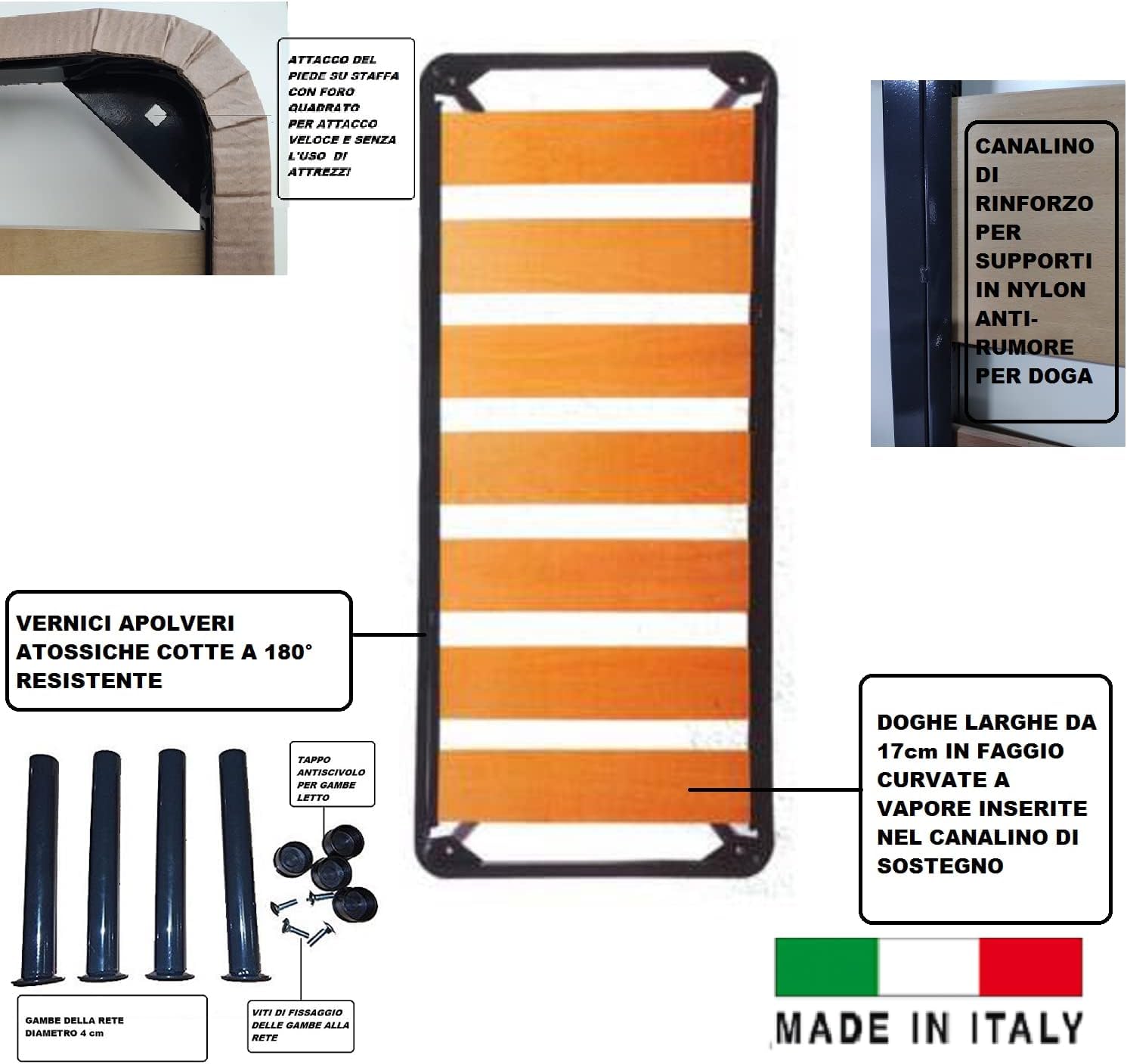 Reti D'Amora Rete Letto Singolo 80x190 con Doghe larghe in Legno, Rete Ortopedica con Struttura in Ferro e Piedi Smontabili, Robusta - Per Tutti i Materassi, Made in Italy (120x200 con 2 rinforzi)