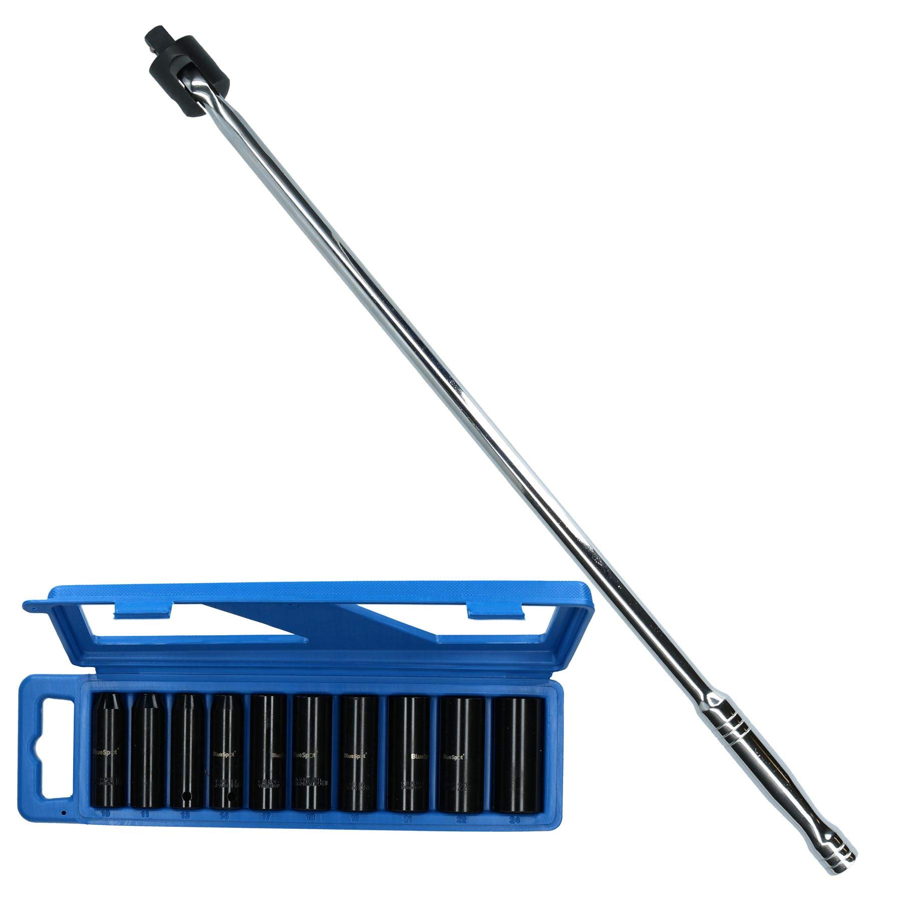 Ab Tools Chrome 10Pc 1/2" Drive Deep Metric Impact Sockets 10-24Mm & 1/2" Drive Breaker Bar