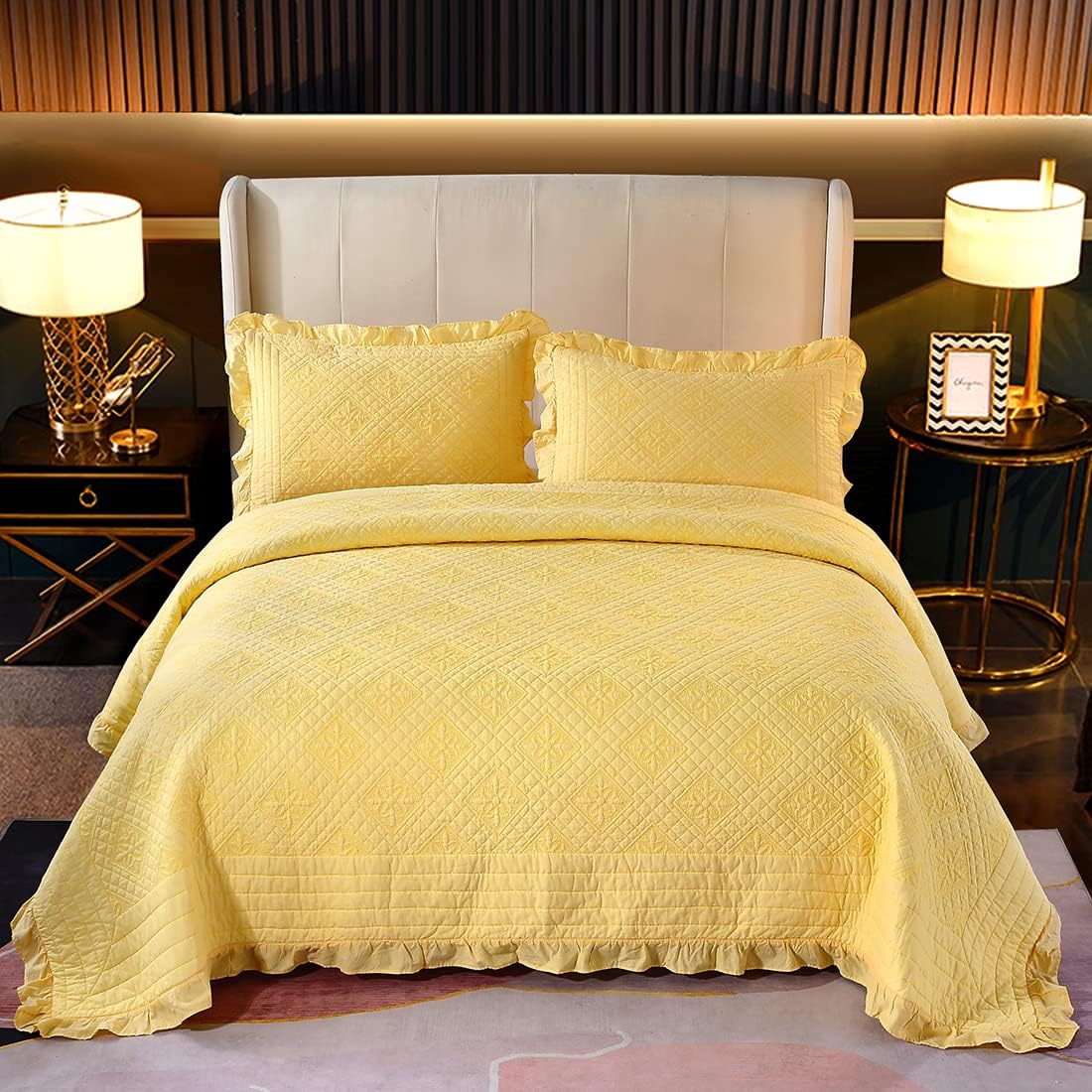 vctops Boho Ruffles Cotton Quilted Bedspread Quilt Set 3-Piece Oversize Queen Floral Geometric Embroidery Lightweight Coverlet 1 Quilt and 2 Pillow Shams (Yellow,106"x92")