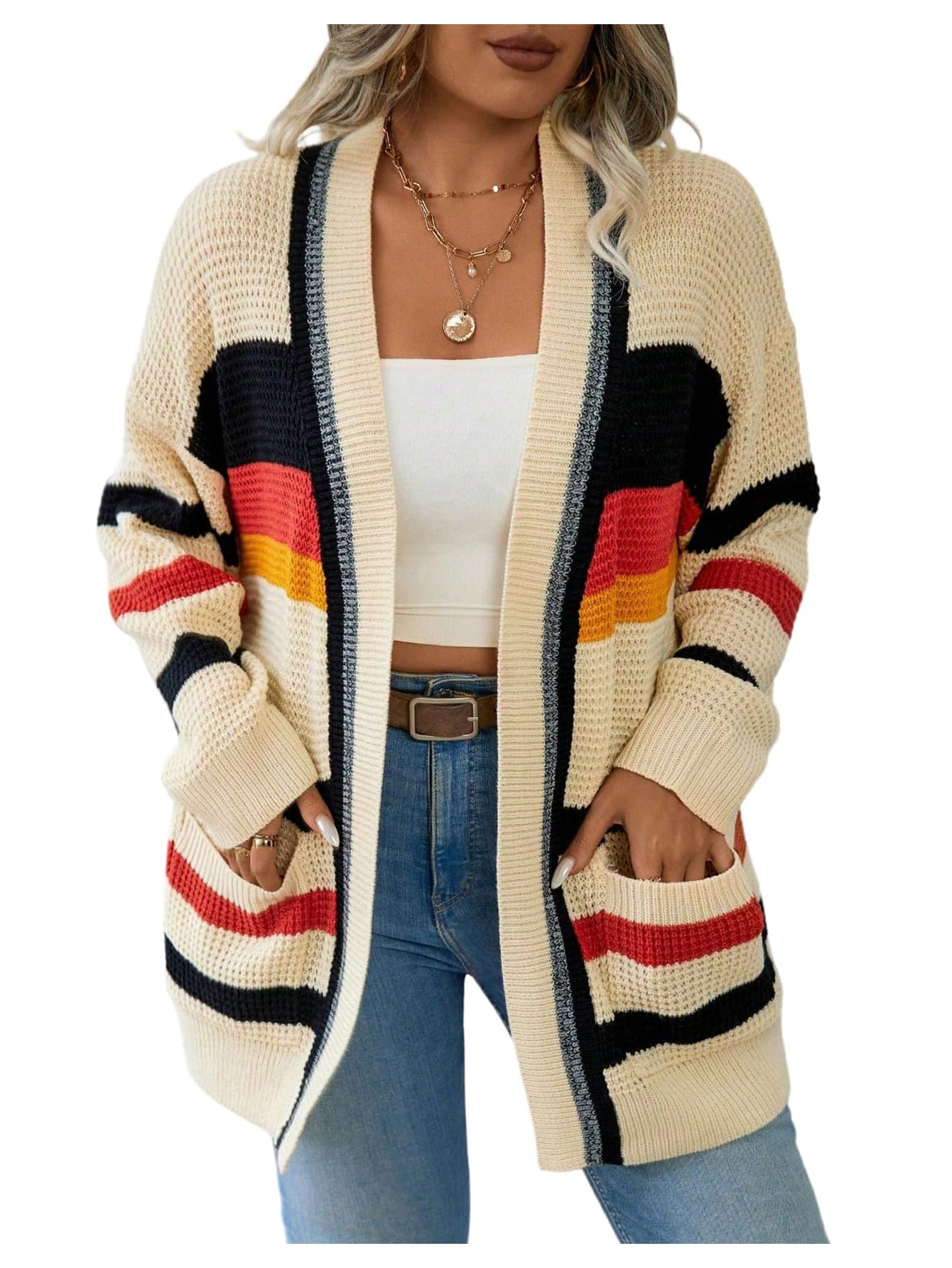 Womens Plus Size Striped Cardigan Open Front Long Sleeve Drop Shoulder Loose Sweaters with Pockets