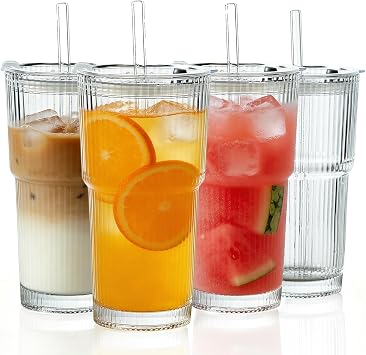 20 oz Ribbed Glass Tumbler with Straw and Lid, Vintage Glass Cup with Lid, Reusable Iced Coffee Cups Set for Iced Coffee Smoothie Juices, Elegant Drinkware for Home Party 4