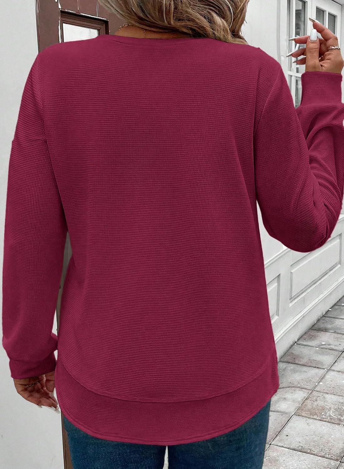 Eytino Womens Plus Size Tops Crewneck Long Sleeve Double Hem Waffle Knit Shirts Loose Casual Tunic Tops(1X-5X) - Image 2