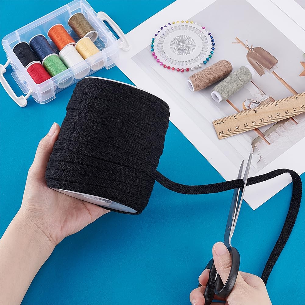 PH PandaHall 49 Yards Flat Drawstring Cord, 3/8 Inch Black Piping Cords Replacement Cotton Cord Rope Cording Macrame Rope Corset Strings for Sweatpants Garment Pants Coats Bags Trunks Jackets