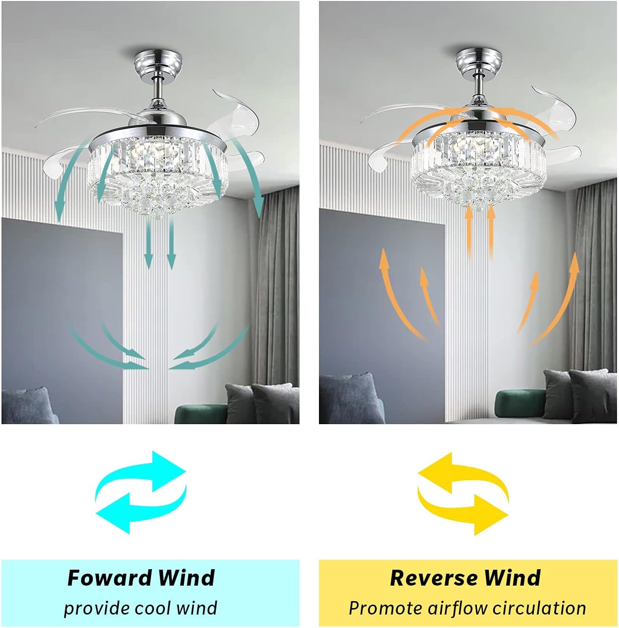 Flash Deals - 70% OFF APBEAMLighting Retractable Crystal Ceiling Fan Light Modern Dimmable LED Pendant Fandelier with Remote Control Invisible Reverse Blades for Bedroom Dining Room Polished Chrome 36 Inches