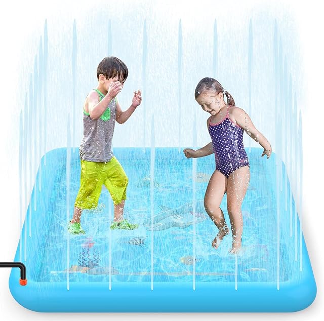 SOKA Large Square Sprinkle and Splash Water Play Mat Sprinkler Splash Pad Summer Spray Inflatable Water Toy for Kids and Outdoor Garden Family Activities - Blue