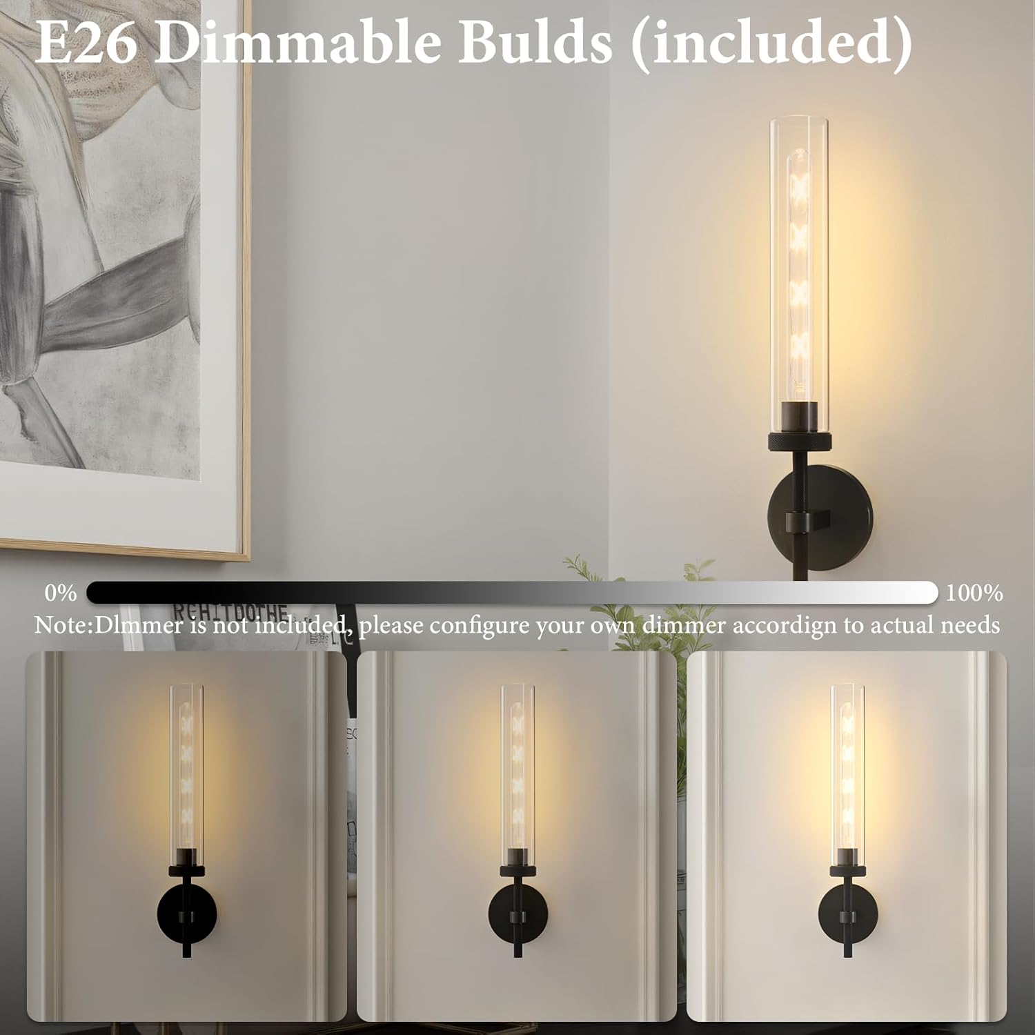 Brass Knurled Tube Wall Sconce - Set of 2 Luxury Modern Glass Sconces with Bulbs - Vertical Mounted Light Fixture - Black Dimmable Indoor Lighting for Vanity Bathroom Bedroom Living Room Hallway