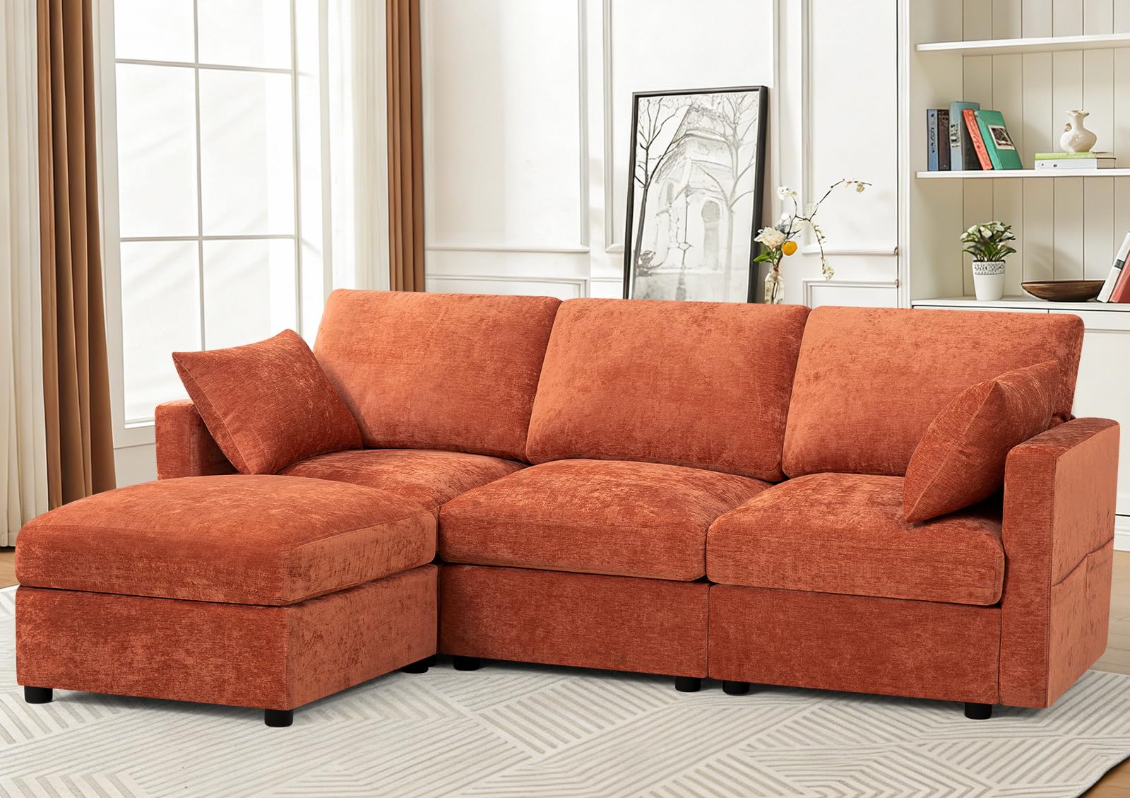 ACMEASE 84” Chenille 3 Seater Sofa W/Movable Ottoman, Modern Fabric L-Shaped Couch w/Soft Backrests, Upholstered Sectional Sofa w/Arm Pillows for