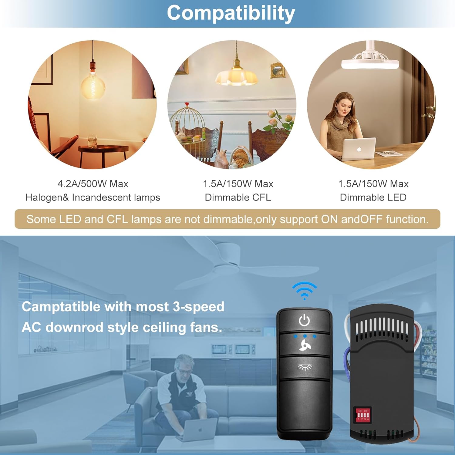 Hampton Bay Fan Remote Kit,Universal Ceiling Fan Remote Control Replacement Hampton Bay Home Decorators Collection Hunter KUJCE10318,ZAAZPHD3-3 Speed Control,Light Dimming,Time Delay,with Wall Mount