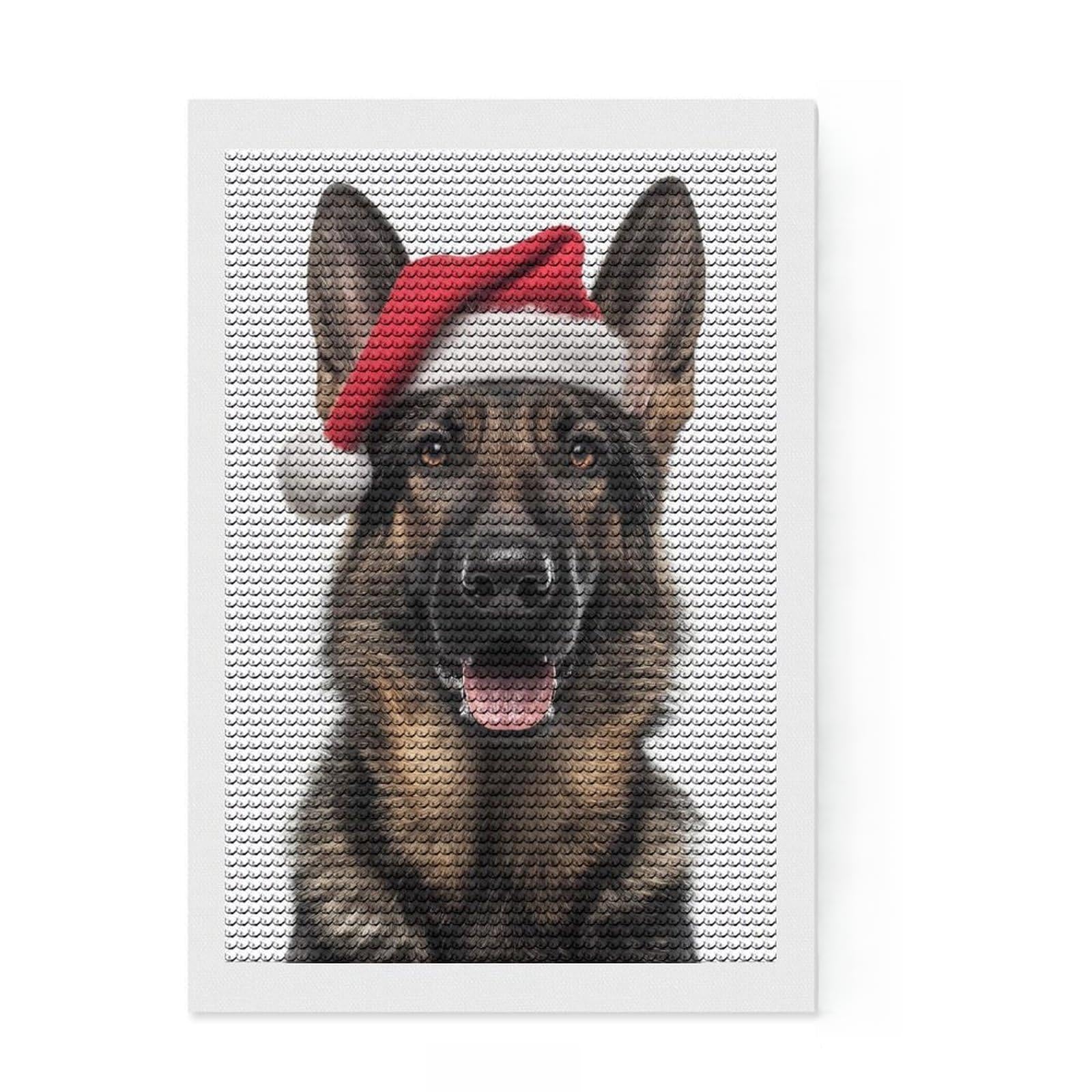 Junmoney Christmas German Shepherd Dog with Santa Hat Round Drill Diamond Painting 8"x12", Gift Idea, for Teens, Fun Craft Experience, Aesthetic Room Decor