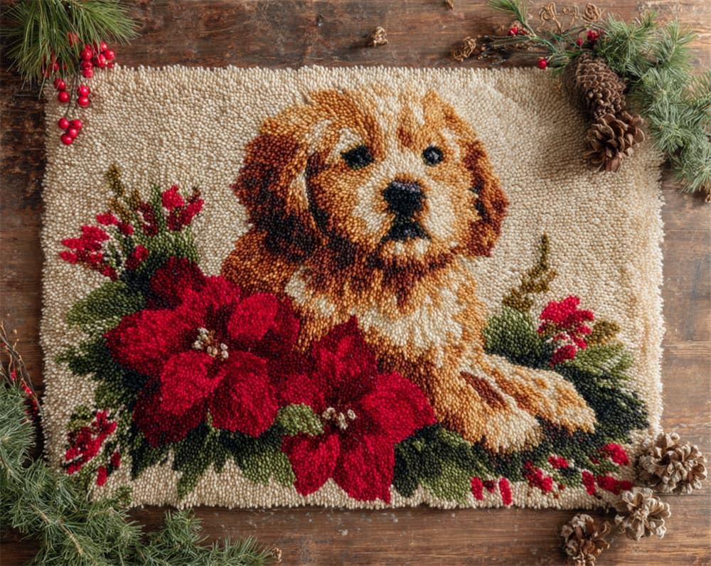 Kitquiver Latch Hook Kits for Adults Rug Christmas Puppy Glory Flowers DIY Crochet Yarn Embroidery Handmade Needlework with Printed Canvas for Home Decoration 15X20In