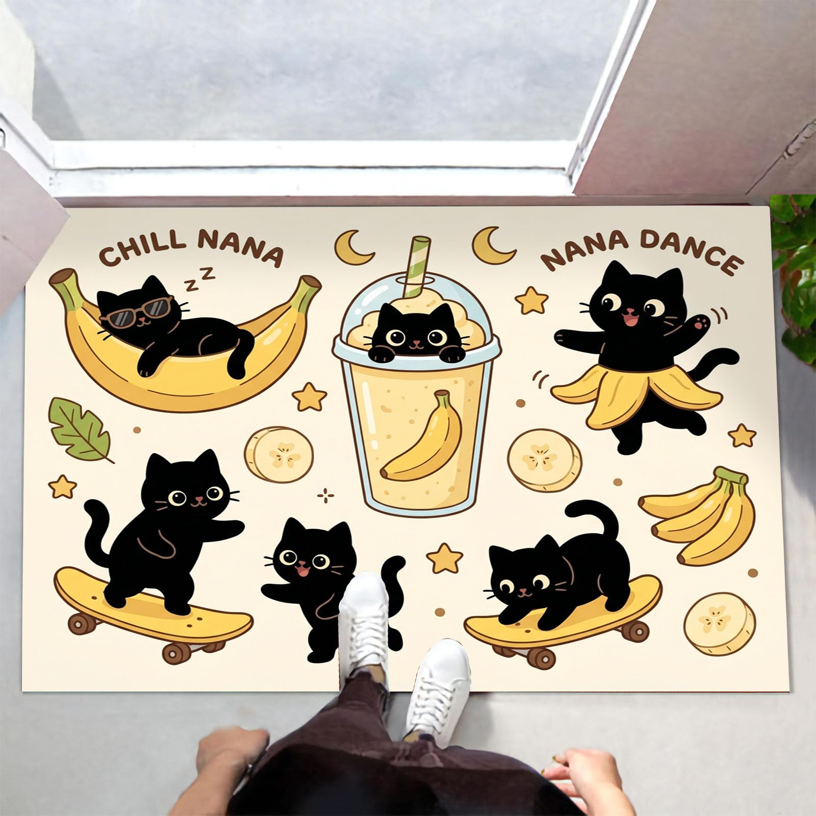 80X120Cm Zerbino Ingresso Interno Antiscivolo Assorbente, Tappeto In Microfibra Sottile Lavabile Con Gatti Divertenti Banane Tema Con Animali Carini Per Cucina Bagno Porta E Animali, Beige Giallo