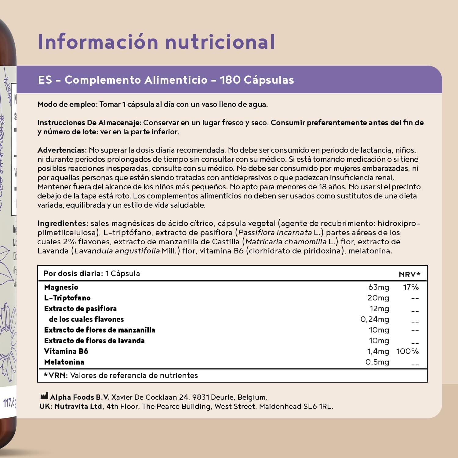 Melatonina 0.5 mg | 180 Cápsulas | con Magnesio, Triptófano, Pasiflora, Lavanda, Manzanilla y Vitamina B6 | para Dormir Bien y Ayudar con el Insomnio | Favorece un sueño saludable | Alpha Foods