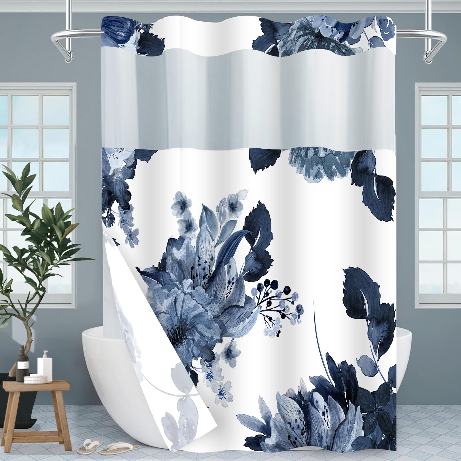 SSCRCUSLY No Hook Shower Curtain with Snap in Liner Set, Blue Floral and White Modern Hotel Style Fabric Inner Liner for Bathroom, 71x74 Inches