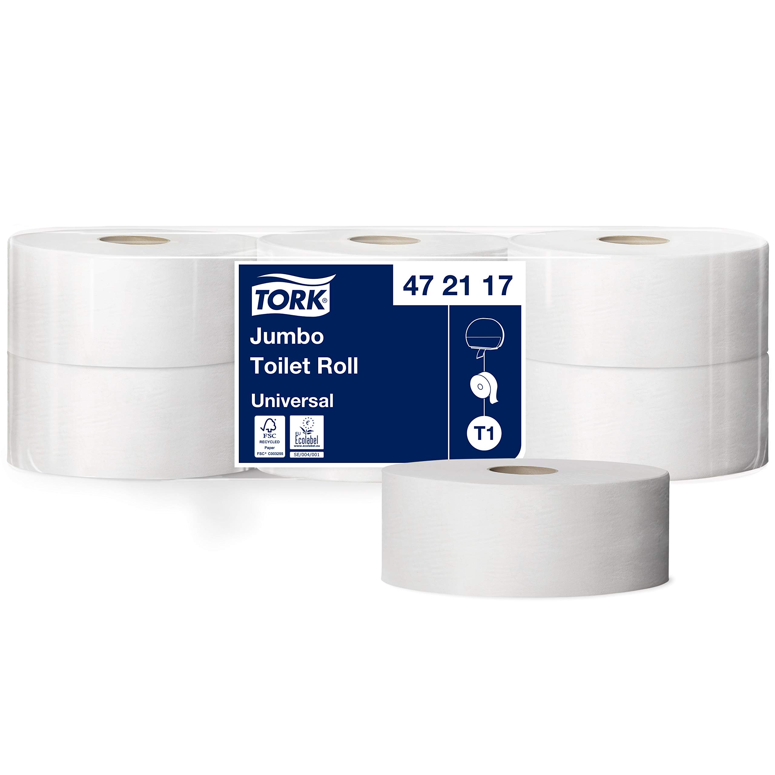 Tork 472117 Jumbo papier toaletowy w uniwersalnej jakości, do systemu papieru toaletowego Tork T1 Jumbo, 1-warstwowy, w kolorze białym, 6 x 1857 arkuszy