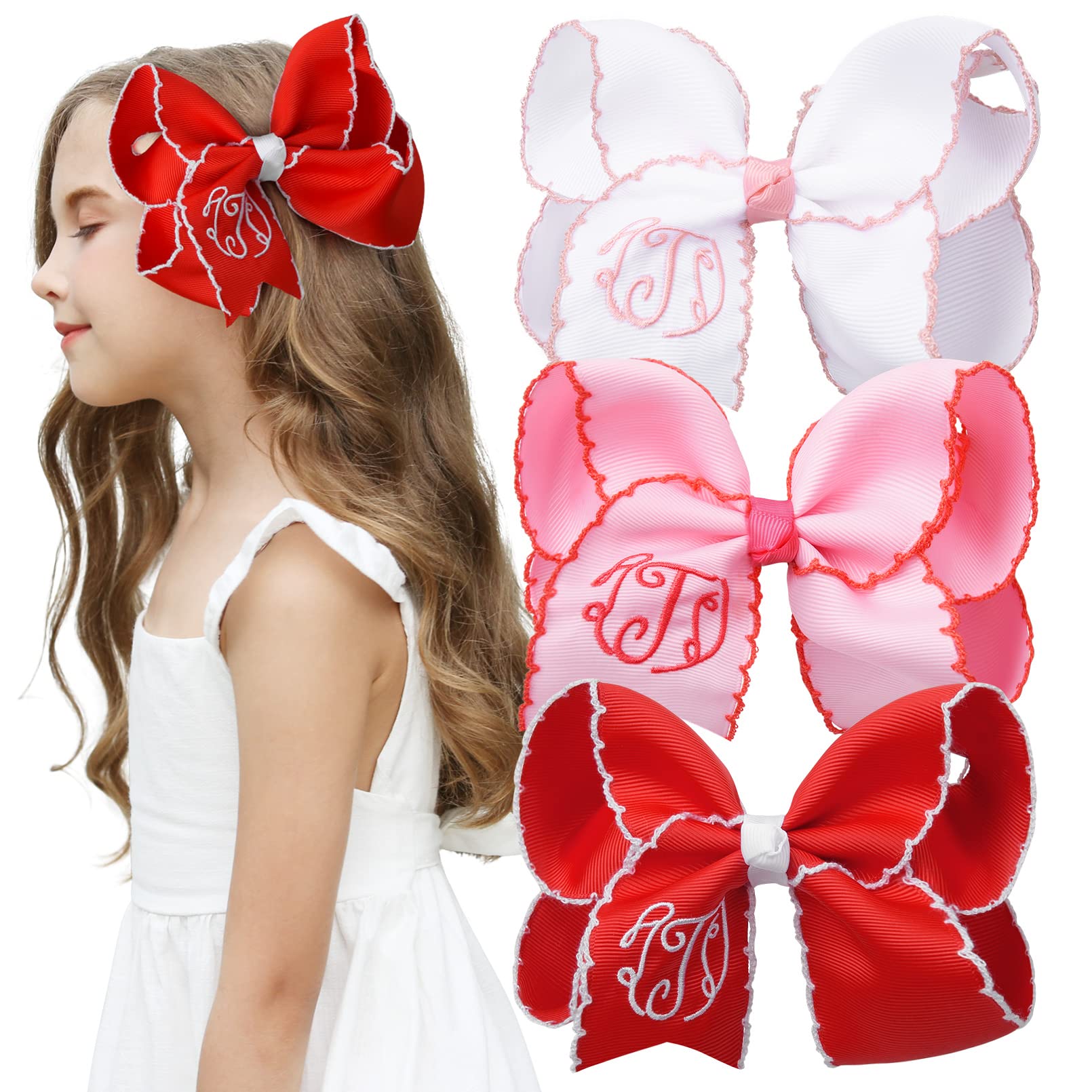 DEEKA3PCS Initial Hair Bows 5.5" Monogrammed Moonstitch Handmade Girl Bows Grosgrain Ribbon Alligator Clips Personalized Hair Accessories for Toddlers Girls Little Kids - Letter J