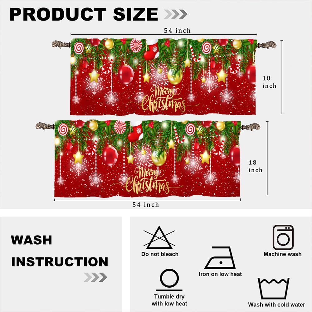 Vintage Merry Christmas Kitchen Valances Curtains for Blackout Rustic Xmas Red Floral Snowflake Window Treatment Valances Rod Pocket for Bathroom 54x18inch（2Pcs）