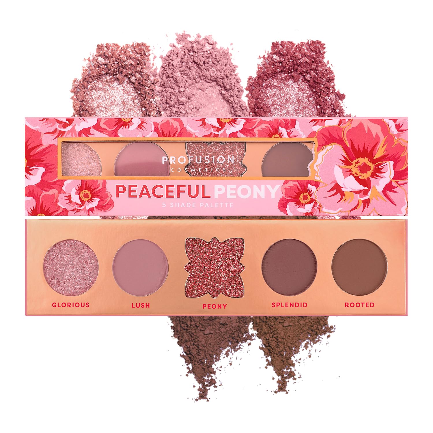Profusion Cosmetics Blooming Hues - 5 Highly Pigmented Shades Eyeshadow Palette with Built-In Mirror, Multi-Finish & Long-Wearing Formula, Blendable, Vegan & Cruelty-Free Makeup (Peaceful Peony)