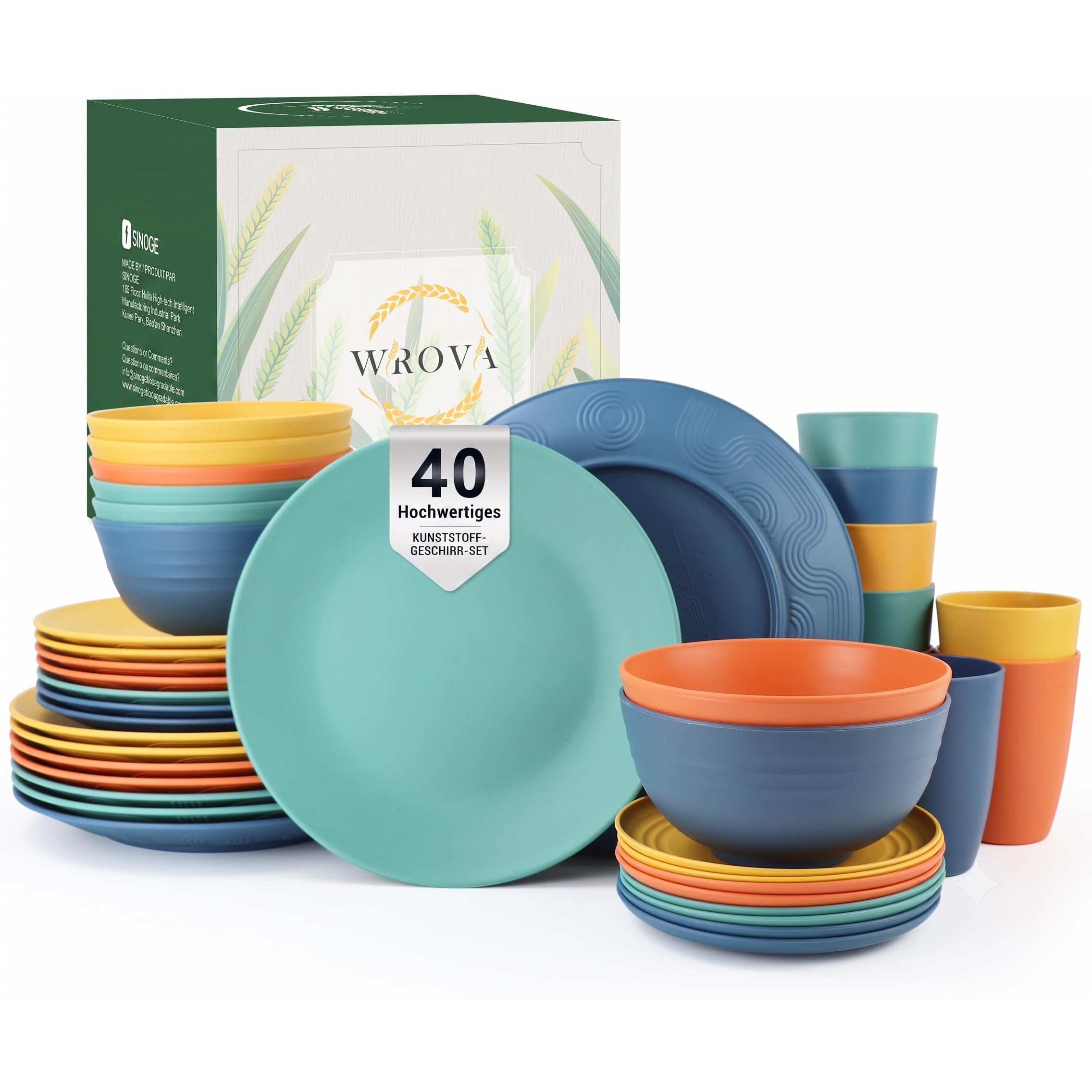 Wrova Set di stoviglie da 40 pezzi, per 8 persone, piatti e ciotole riutilizzabili, con piatti piani, bicchieri, ciotole per cereali, adatte al microonde, multicolore