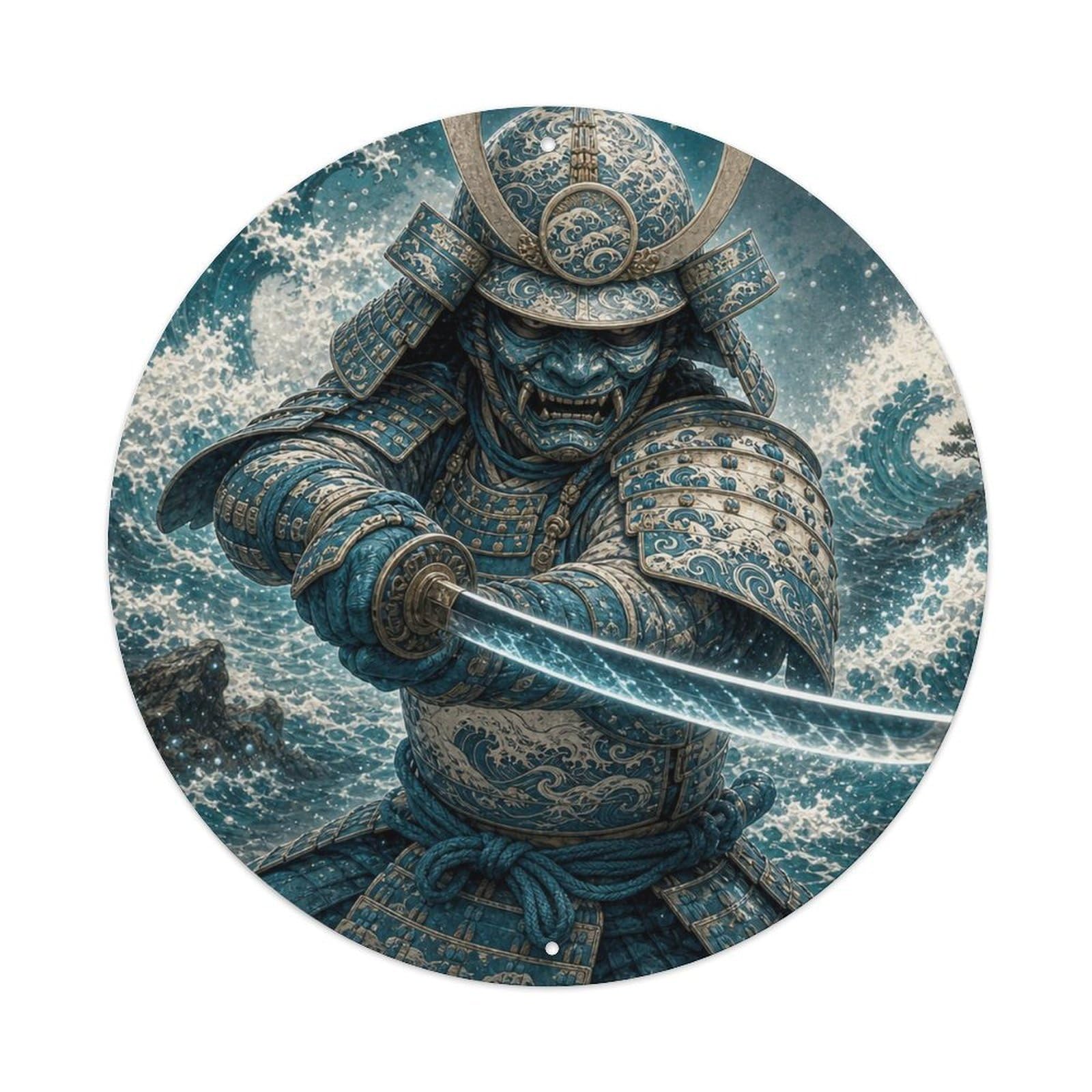 Okngb Style Shogun Aqua Tide Forward Lunge Strike Katana Badge Metal Tin Sign Plaque Wall Decor For Cafe, Man Cave, Club Bar, Office, Home Garden Round Metal Poster 8X8inch