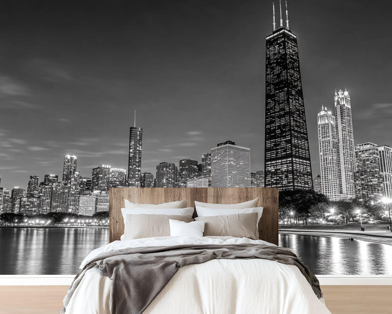 Peel and Stick Wallpaper Wall Murals Black White Chicago Skyline Night Self Adhesive Removable Canvas Wall Stickers for Living Room Kids Bedroom 69''x96''