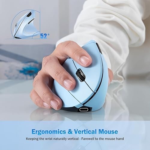 Miniatura 7 de Ratón ergonómico, mouse vertical inalámbrico, 6 botones, 1600 DPI, 2.4G óptico, diseño inalámbrico ergonómico, mouse vertical azul recargable,