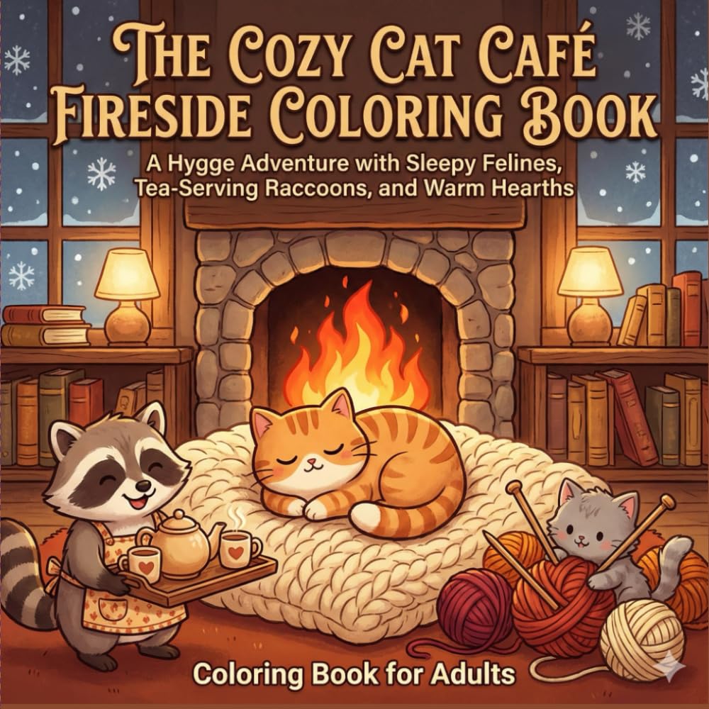 The Cozy Cat Café Fireside Coloring Book: Adult Relaxation with Sleepy Felines and Friends: A Hygge Adventure with Kawaii Cats, Tea-Serving Raccoons, and Knitting Kittens in Warm, Rustic Settings
