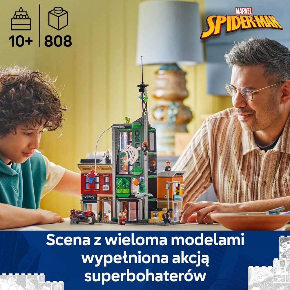 LEGO | Marvel Spider-Man i Oscorp 76324 | Zestaw dla dzieci, z figurkami i budynkiem, prezent dla fana Spider-Mana 10+, klocki dla chłopca i dziewczynki, 808 elementów