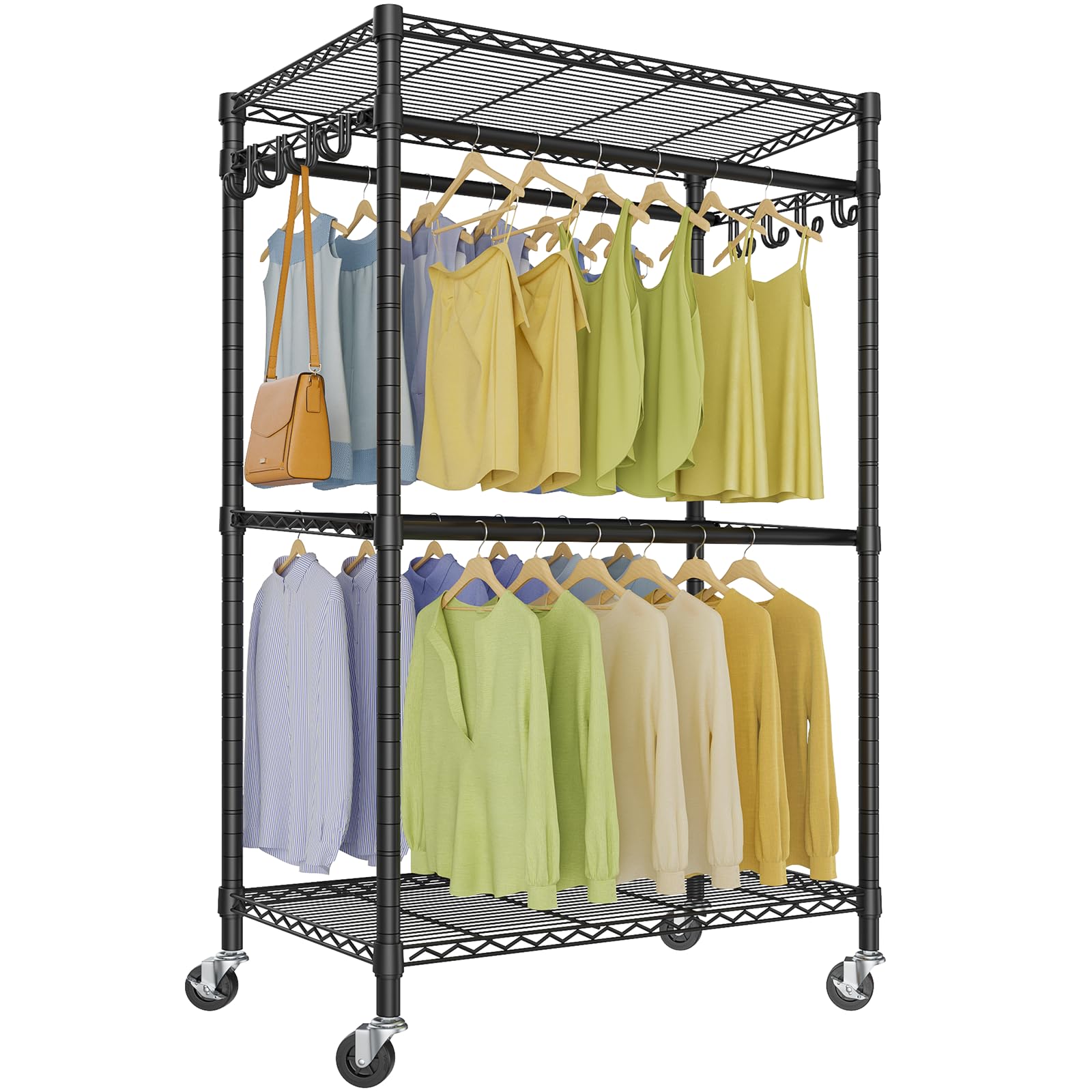 VIPEK R2 Pro Rolling Garment Rack 2-Sided Hanging Heavy Duty Clothes Racks with Wheels Adjustable Shelves Hanging Rods Metal Portable Closet Storage Freestanding Clothing Rack, Max load 600lbs, Black