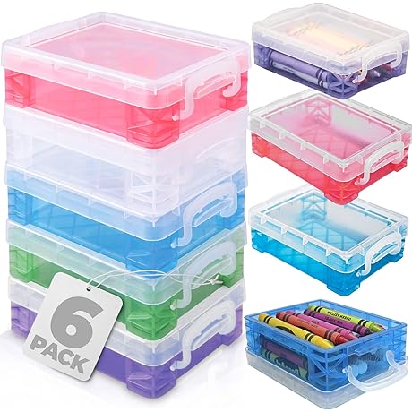 Colorful Crayon Cases 6-Pack: Stackable, Clear Plastic Storage Containers