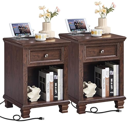 SAVOR LIFE Farmhouse Nightstand Set of 2 with Charging Station, Rustic Wood Nightstand with Drawers, Bedside Table with Open Shelf for Bed Room, End Tables for Living Room, Walnut - Walnut - Set of 2