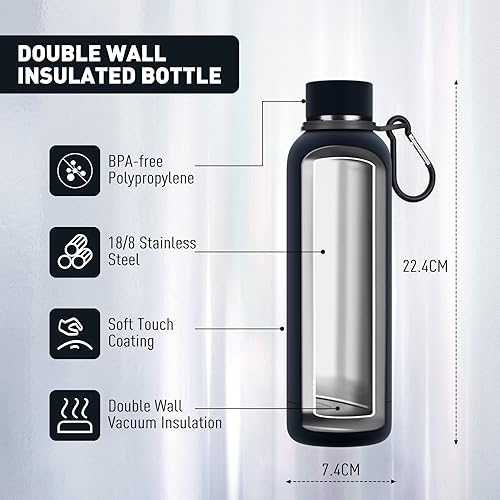 Miniatura 2 de Botellas de agua delgadas aisladas para viaje de 18 onzas con clip, botella de agua de acero inoxidable al vacío de doble pared mantiene las bebidas