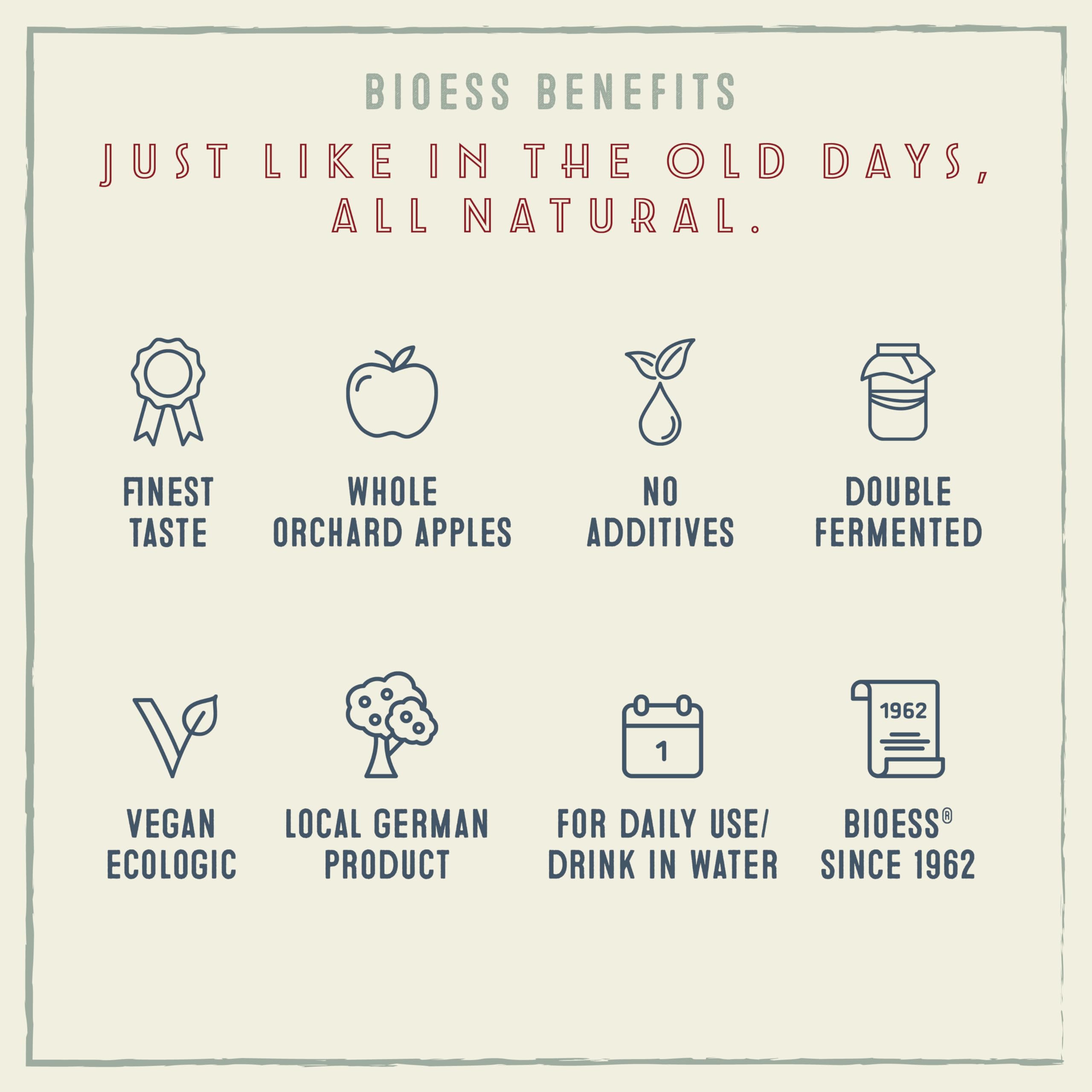 Vinagre de manzana ecológico sin filtrar en pack de 6 botellas, con sedimentos naturales, elaborado con manzanas enteras procedentes de huertos alemanes, vegano, BioEss, desde 1962 (6 x 500 ml).