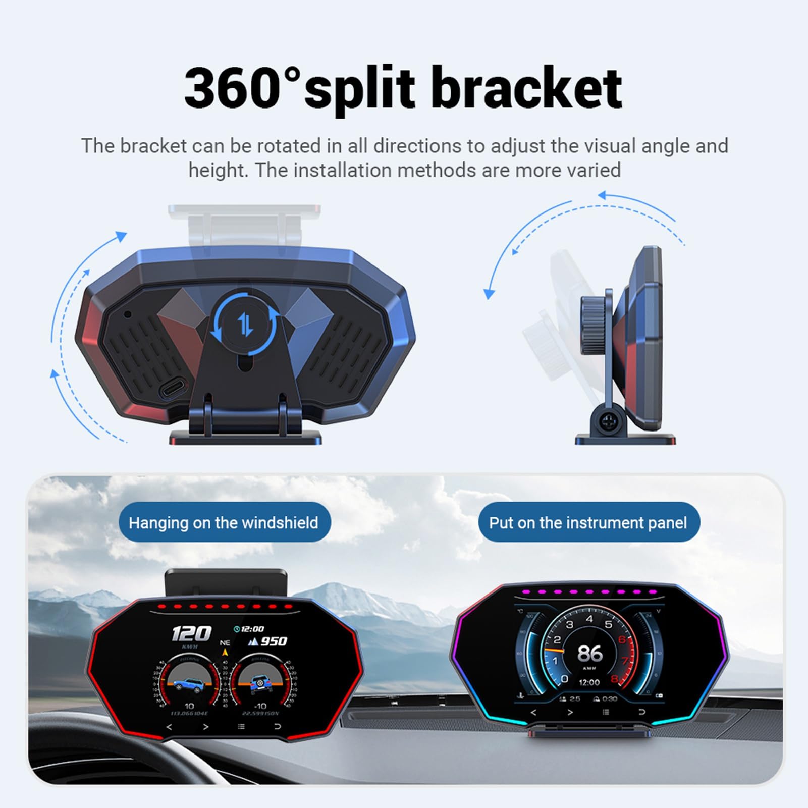 Alomejor Wyświetlacz Samochodowy HUD Prędkościomierz GPS GPS z automatyczną jasnością Alerty w Trybie Podwójnym Inklinometr Projekcja Przedniej Szyby dla Większości Kierowców Samochodów Benzynowych