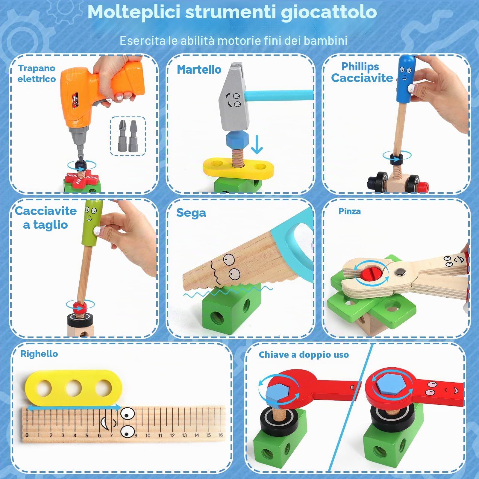 TONZE Cassetta Attrezzi per Bambini 3-6 Anni, 52 Pezzi Giocattolo da Lavoro, Costruzioni Montessori in Legno, Regalo 2-5 Anni