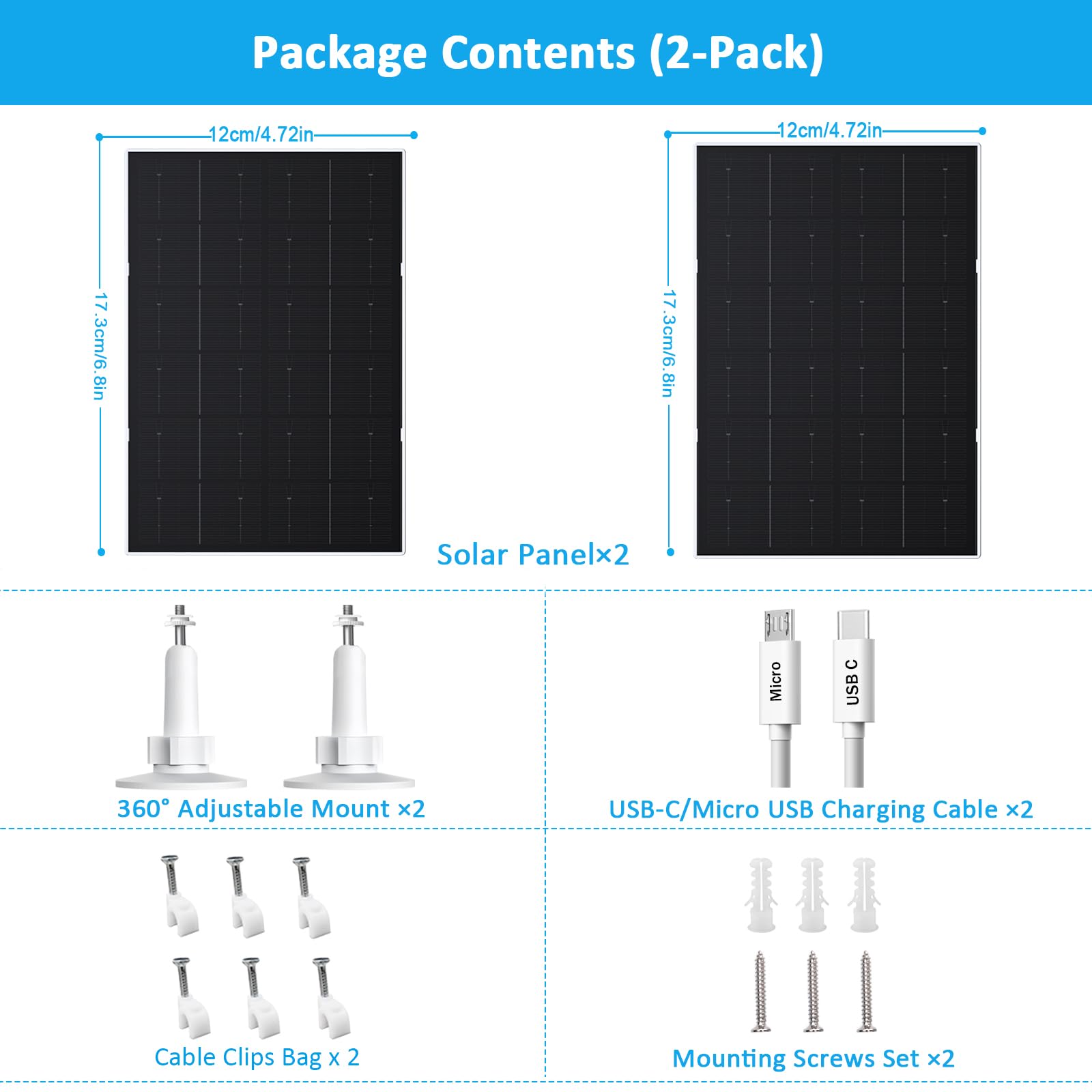 Pannello solare da 4 W per telecamera di sicurezza, pannello solare con porta micro USB e USB-C per fotocamera di sicurezza a batteria ricaricabile, caricatore per pannello solare con supporto