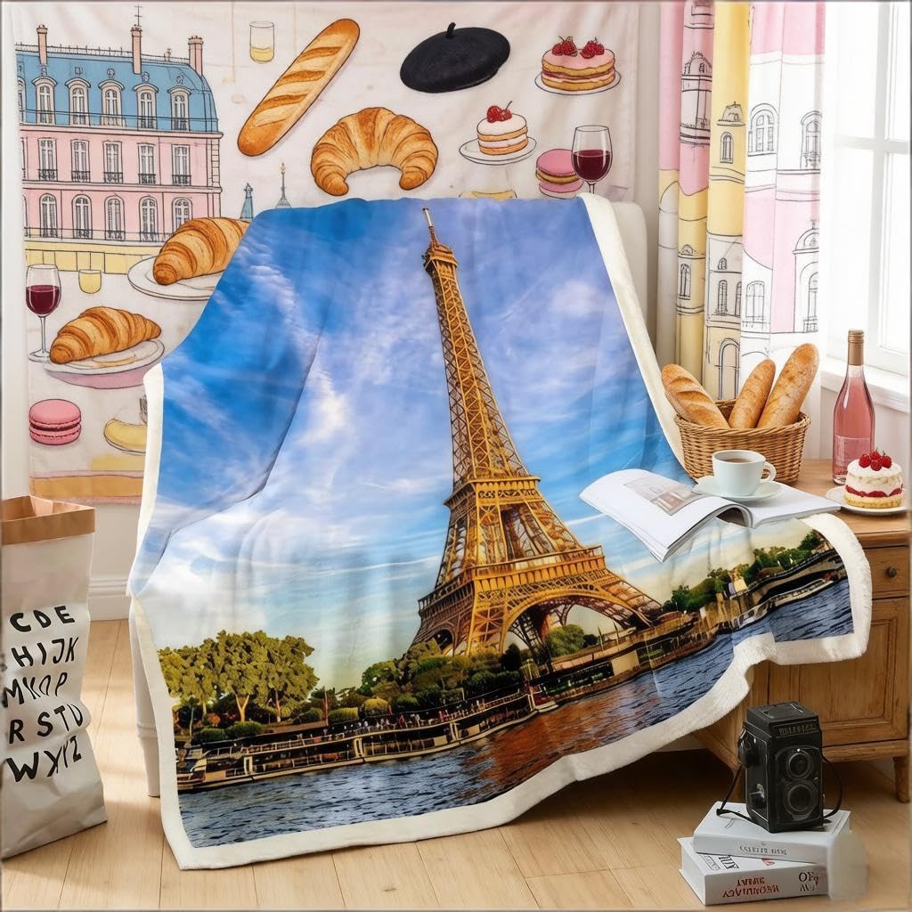 Loussiesd Eiffel Tower Fleece Blanket Chic Paris Theme Sherpa Blanket for Chair Sofa Couch Famous Paris Cityscape Fuzzy Blanket Modern French Style Plush Throw Blanket Room Decor Double 60"x79" — image 1