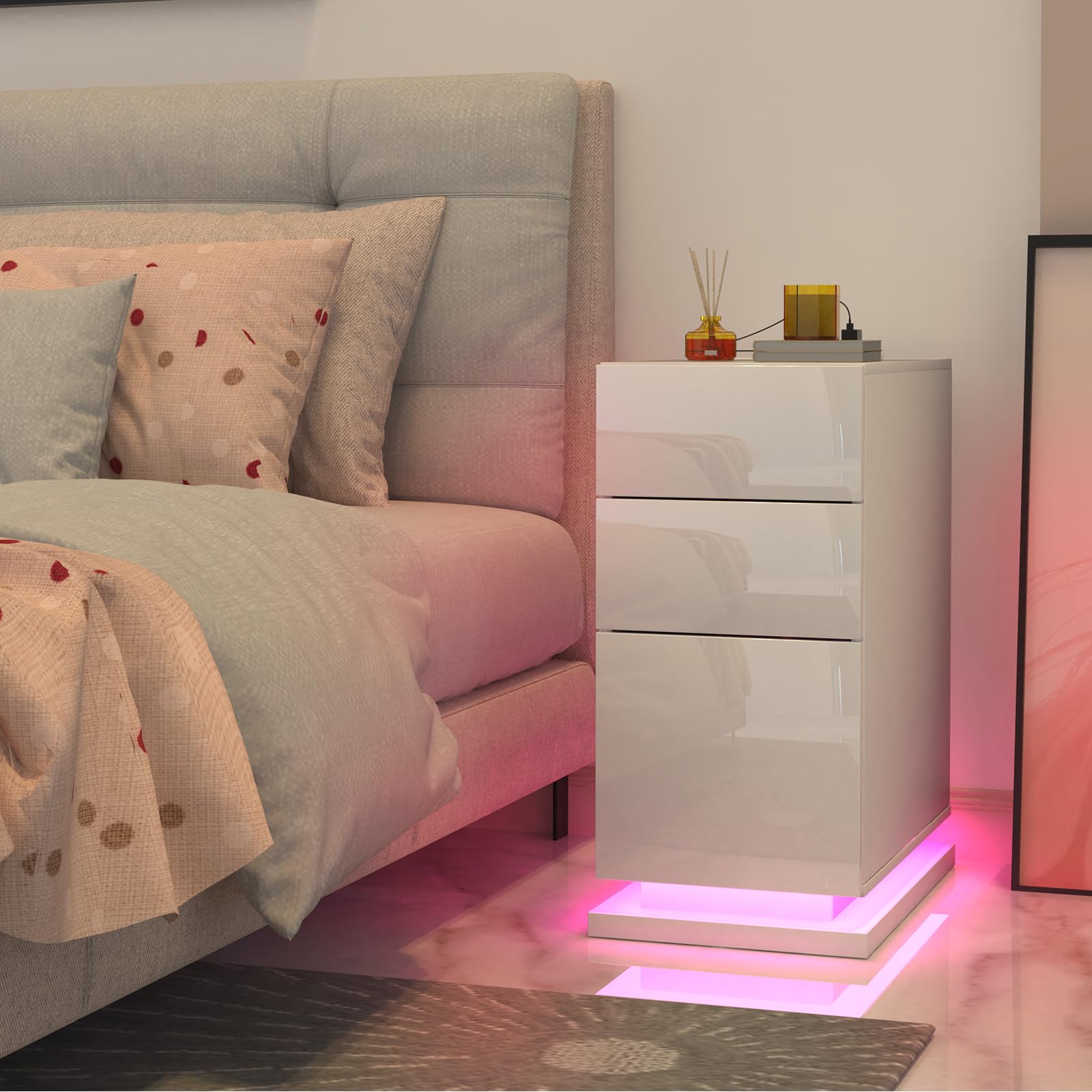 Juego de 2 Estrecha Mesilla de Noche con Estación de Carga y LED, Brillante Mesa Auxiliar con 3 cajones, para Dormitorio, Salón, Estudio, Blanco