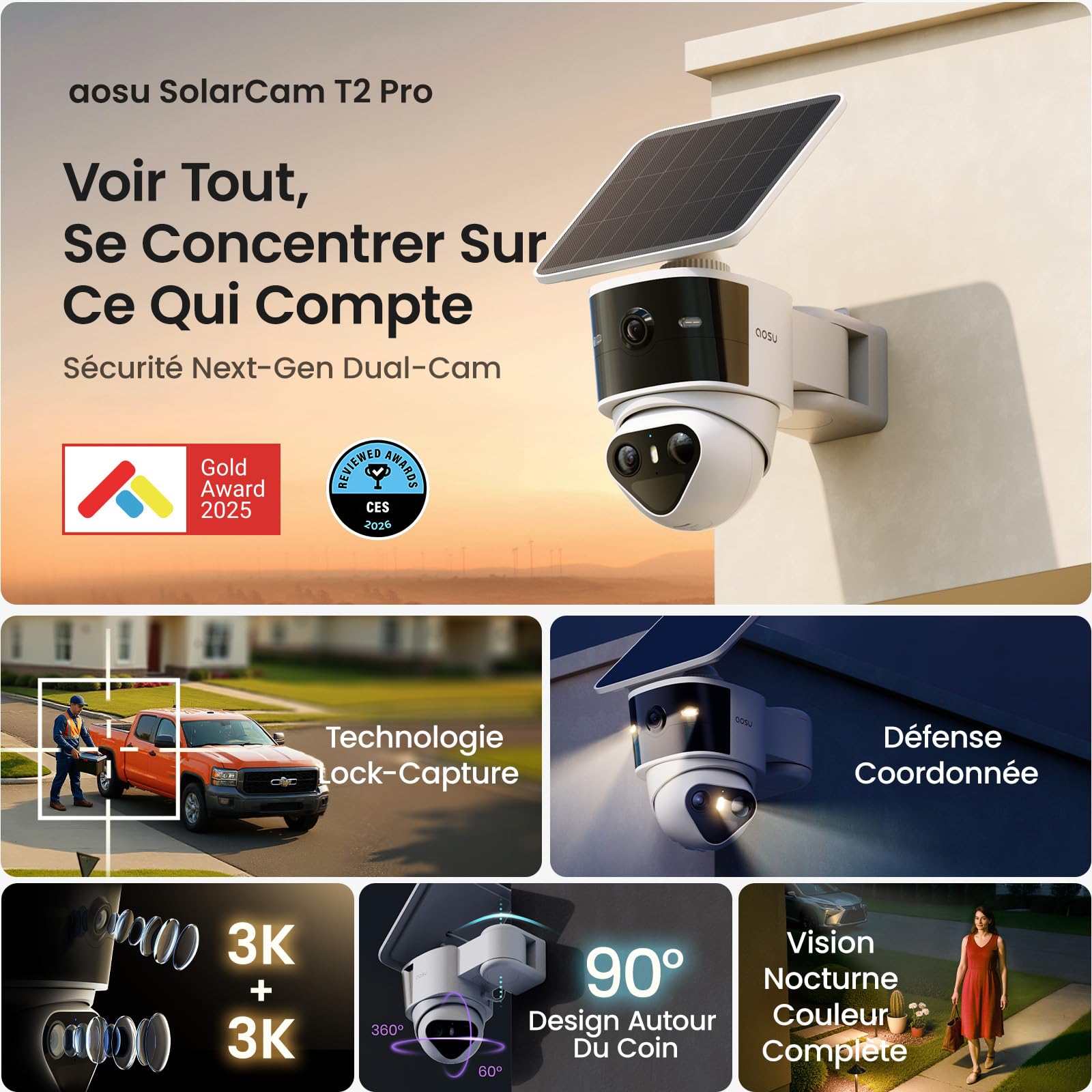 aosu T2 Pro 3K Camera Surveillance WiFi Exterieure sans Fil, Double Caméra | 360° PTZ + 170° Grand 5MP 2 Caméras Solaire, Sans Angle Mort, Zoom 8X, Vision Nocturne Couleur Alarme, IA Suivi Automatique