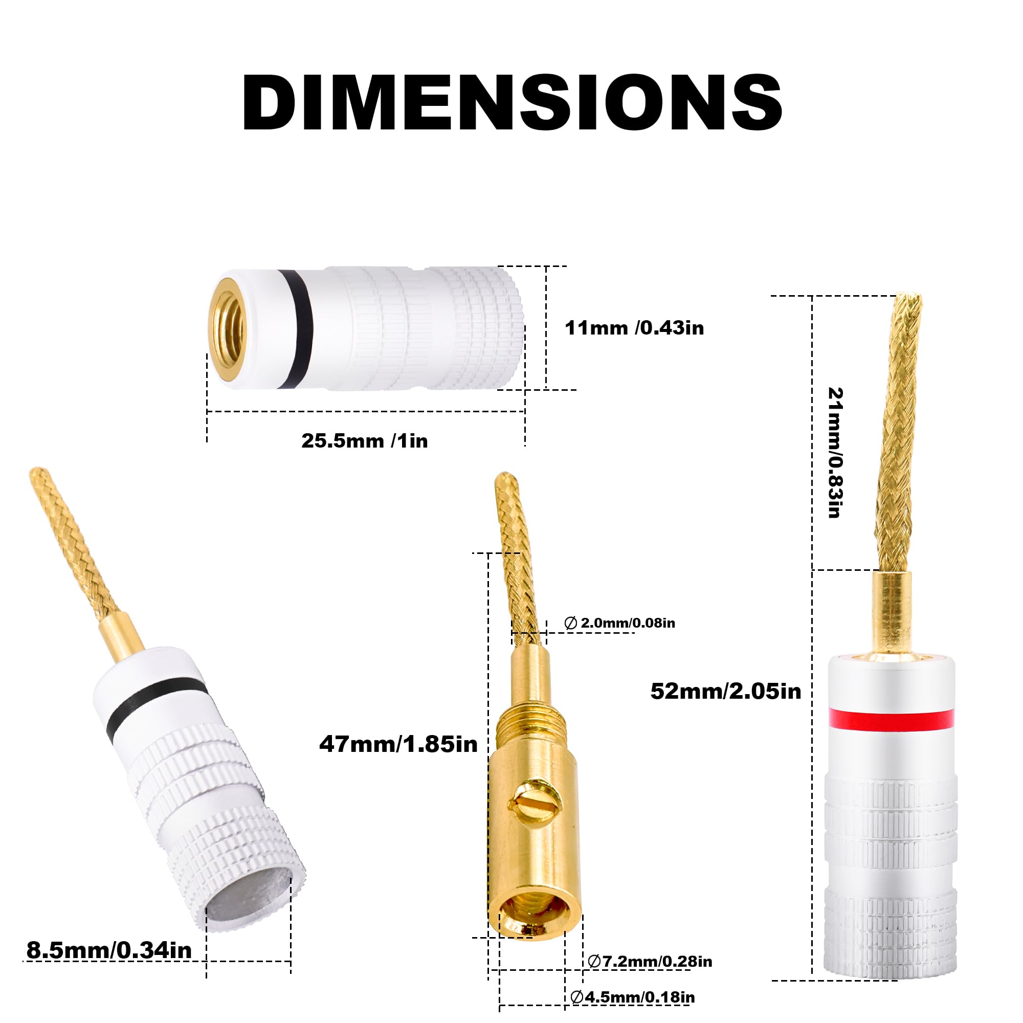 Flex Pin Banana Lot de 8 connecteurs tressés plaqués or 2 mm Soft Weaving Banana Pin Connectors Bornes sans soudure pour amplificateur, haut-parleur, câble audio maison