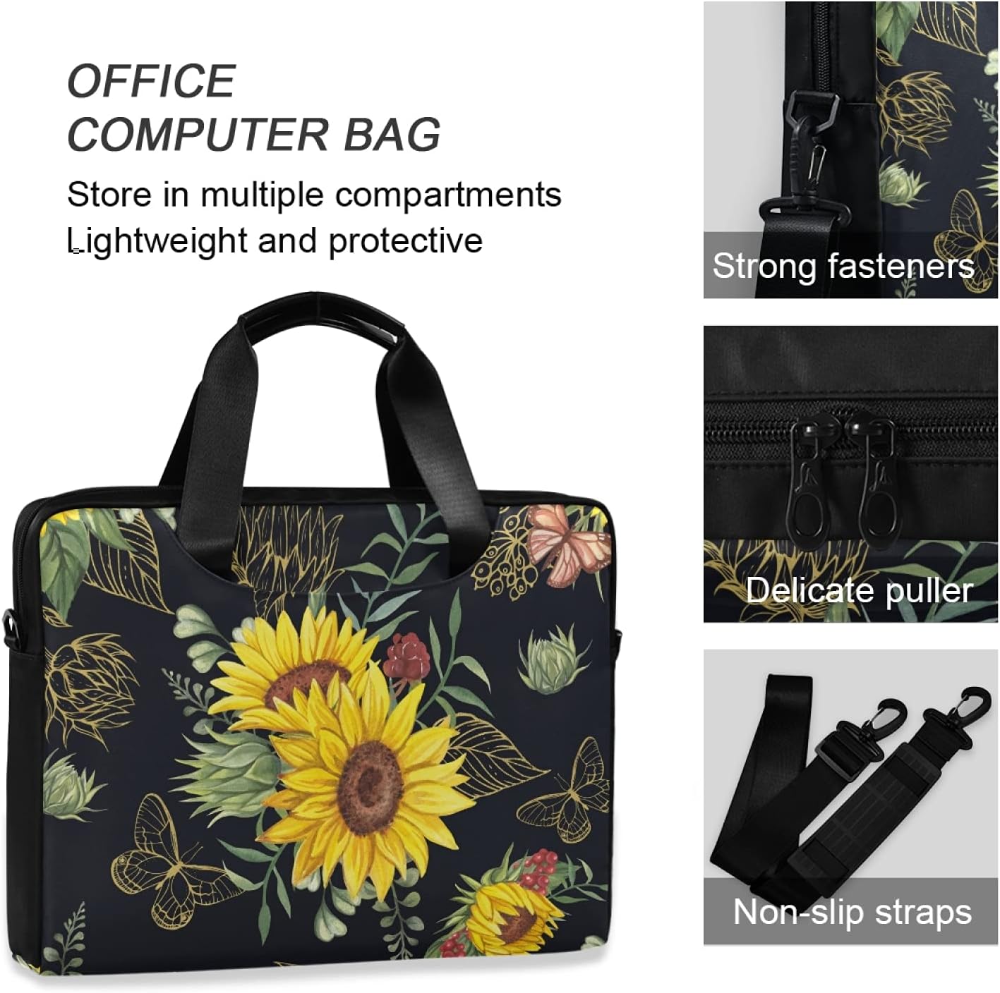 Gold Butterflies And Sunflower Laptop Bag Case 13 14 15.6 inch Laptop Messenger Bag Crossbody Briefcase for Men Women with Shoulder Strap Handle