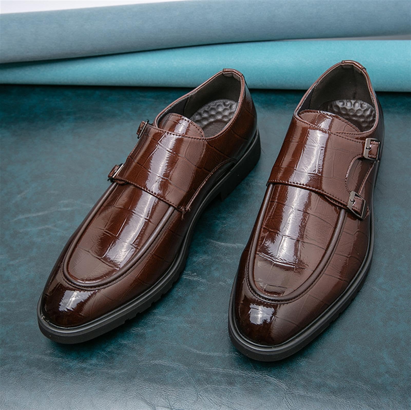 Zapatos de Doble Hebilla para Hombre Piel Charol Estampado Cocodrilo Zapatos de Vestir Mocasines Elegantes para Boda Negocios