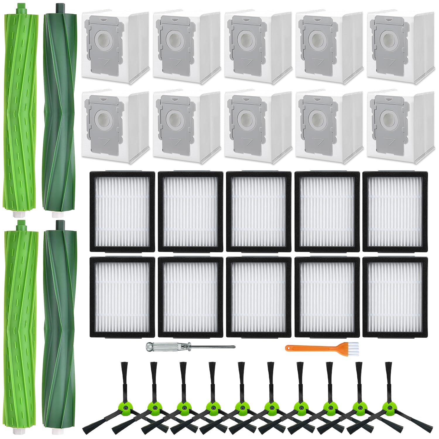 32 Pack Replacement Parts for iRobot Roomba i7 i7+ i3 i3+ i4 i4+ i5 i5+ i6 i6+ i8 i8+ E5 E6 E7 j6 j6+ j7 j7+ Combo i5 i5+ j5 j5+, 2 Set of Roller Brush 10 Filter 10 Vacuum Bag 10 Side Brush