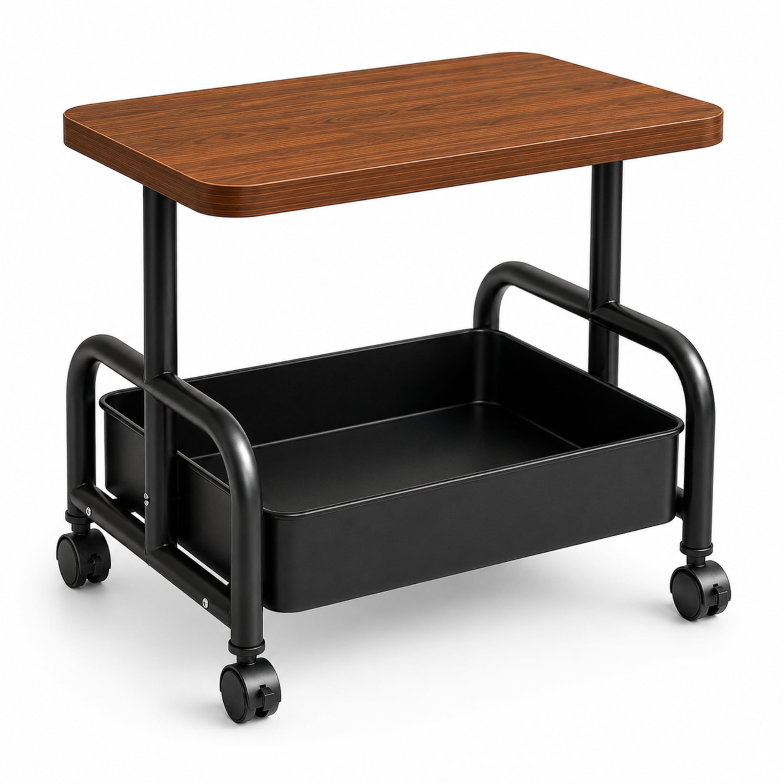 Homero 2-Tier Side Table with Wheels, Utility Trolley Table for Living Room, Bedroom & Kitchen, Wooden Top, Black Metal Frame-image-22
