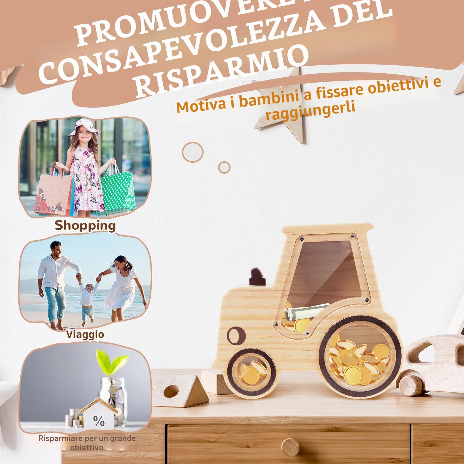 Salvadanaio Bambini in Legno Riutilizzabile, Risparmio Soldi, Salvadanaio Personalizzato con Pennarello & Adesivi Colorati per bambina Ragazza Ragazzo e Adulti - Trattori